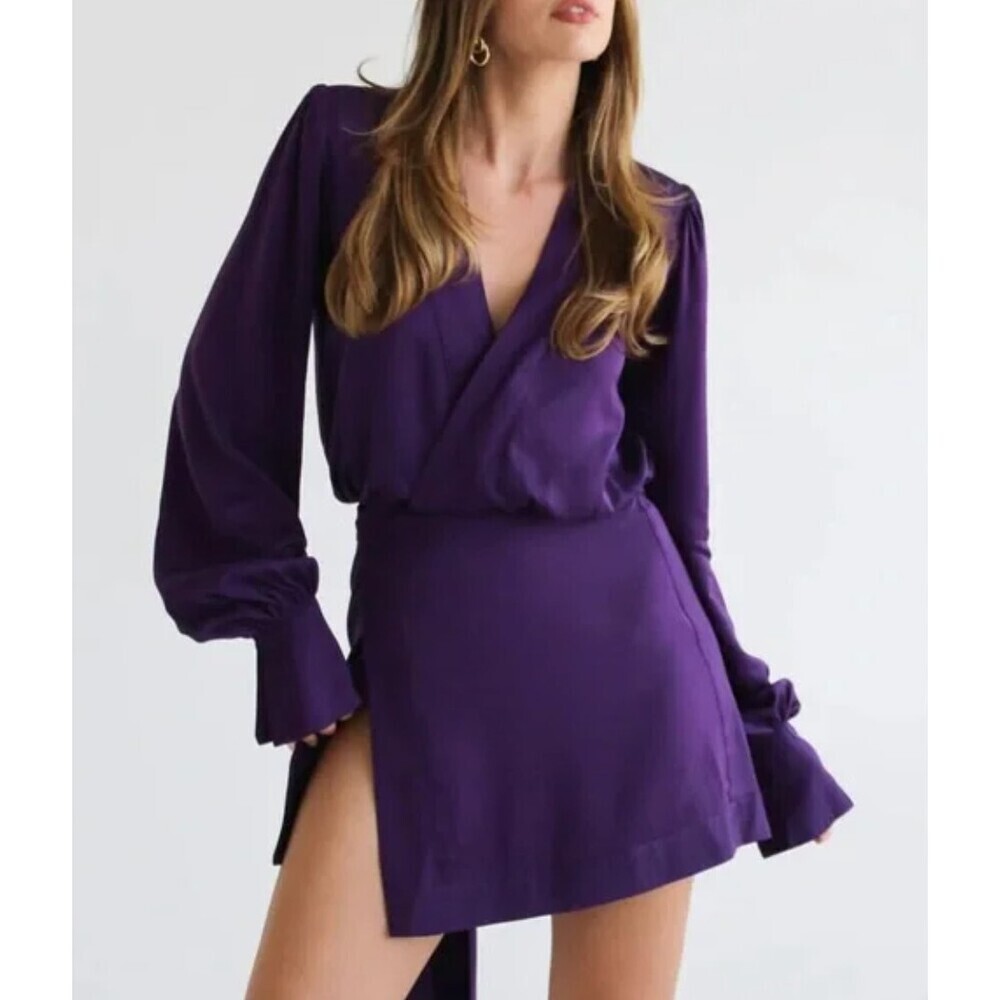Rumored Rose Mini Wrap Dress in Deep Purple Size Small Long Sleeve